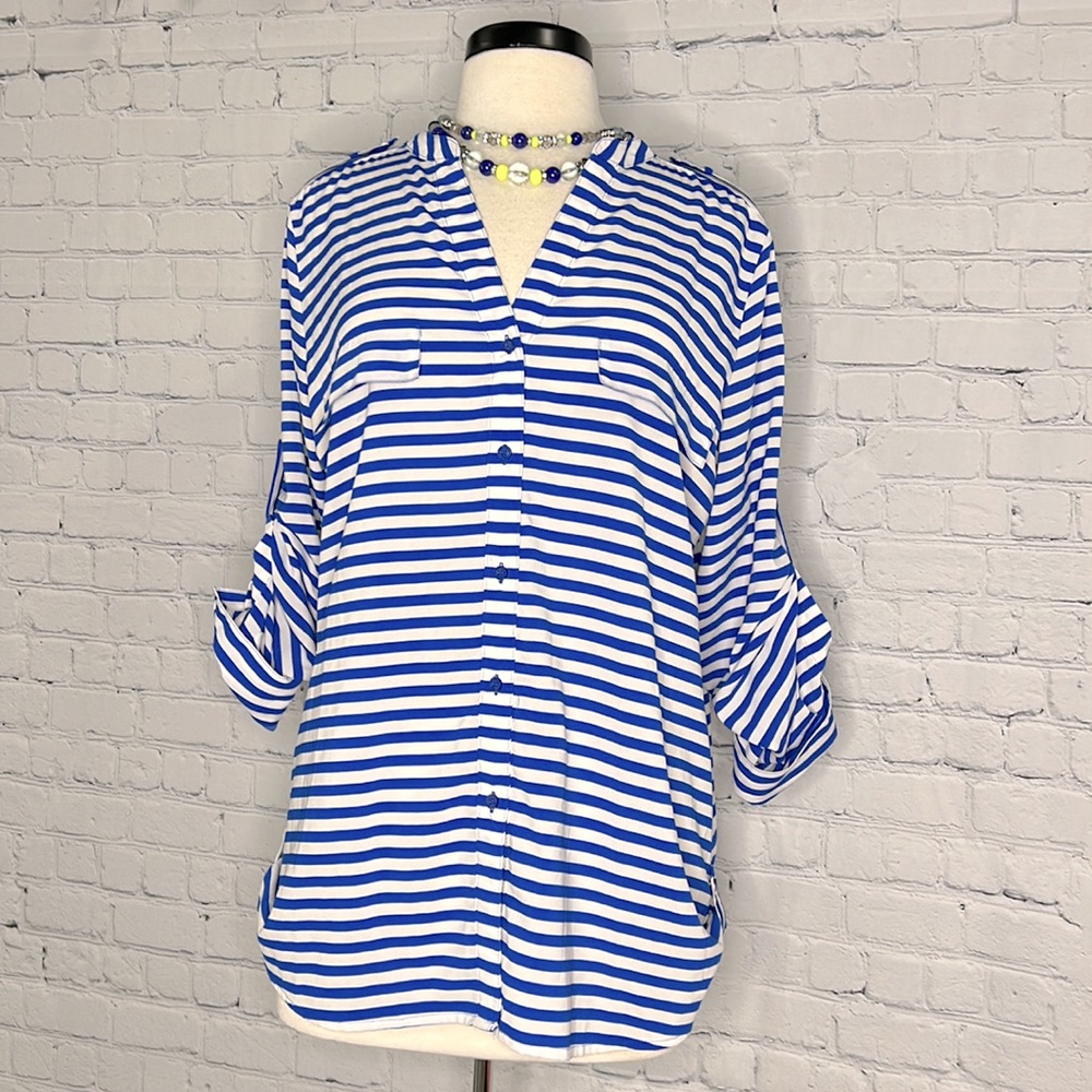 ✨Calvin Klein Blue and White Nautical stripe Blouse size L💙